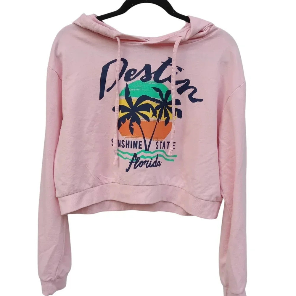 4/$10 Destin, Florida Cropped Light Pink Hoodie Size XL Palm Tree Graphic